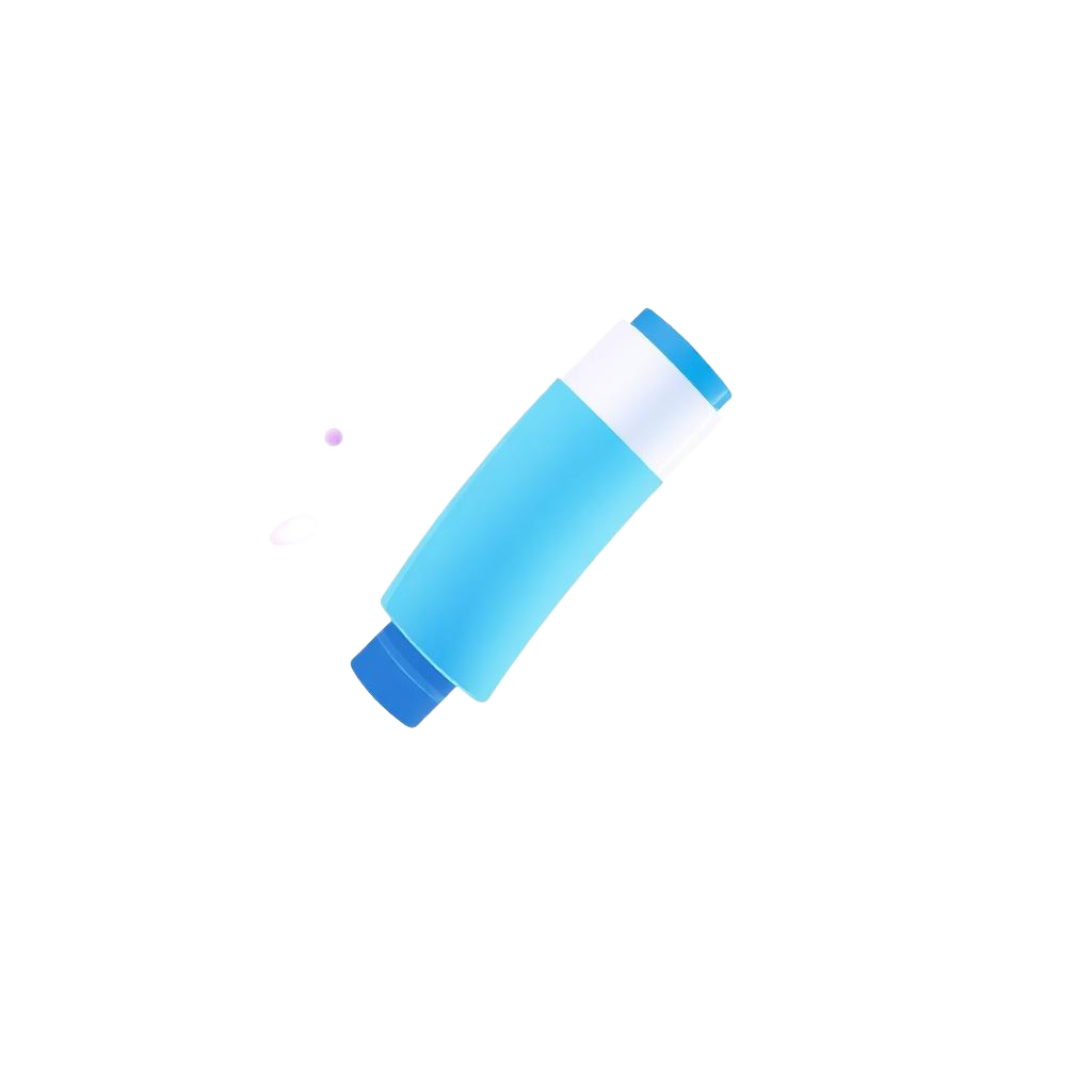 Blue albuterol asthma inhaler illustration on a soft lavender background